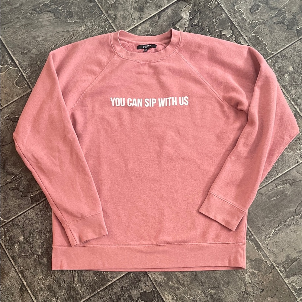 BRUNETTE THE LABEL Cozy Pink Whimsical Coquette Wine Text Sweatshirt L/XL